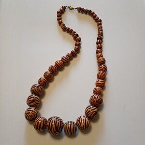 Chunky Boho Animal Print Zebra Brown Wooden Round Beaded Fashion Necklace